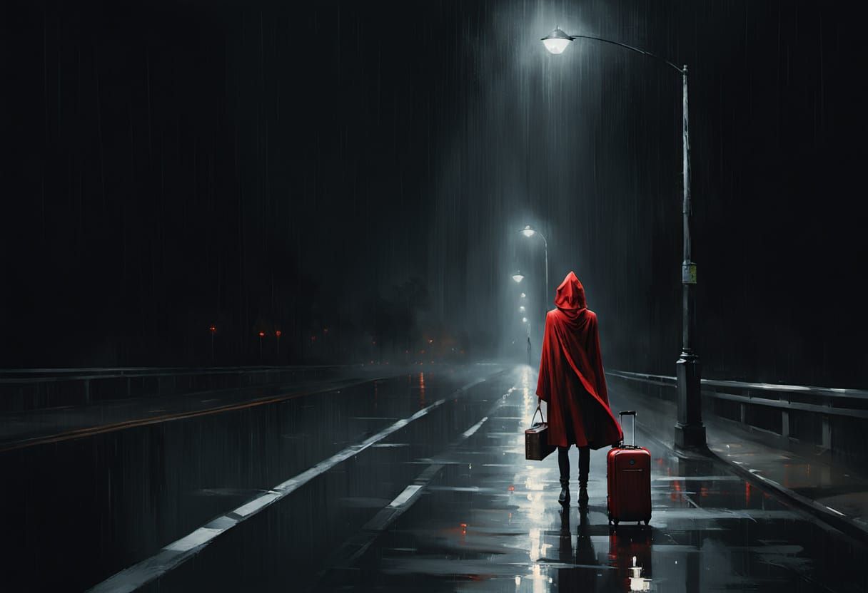 Lone Figure Waits Under Streetlight on Dark Rainy Highway