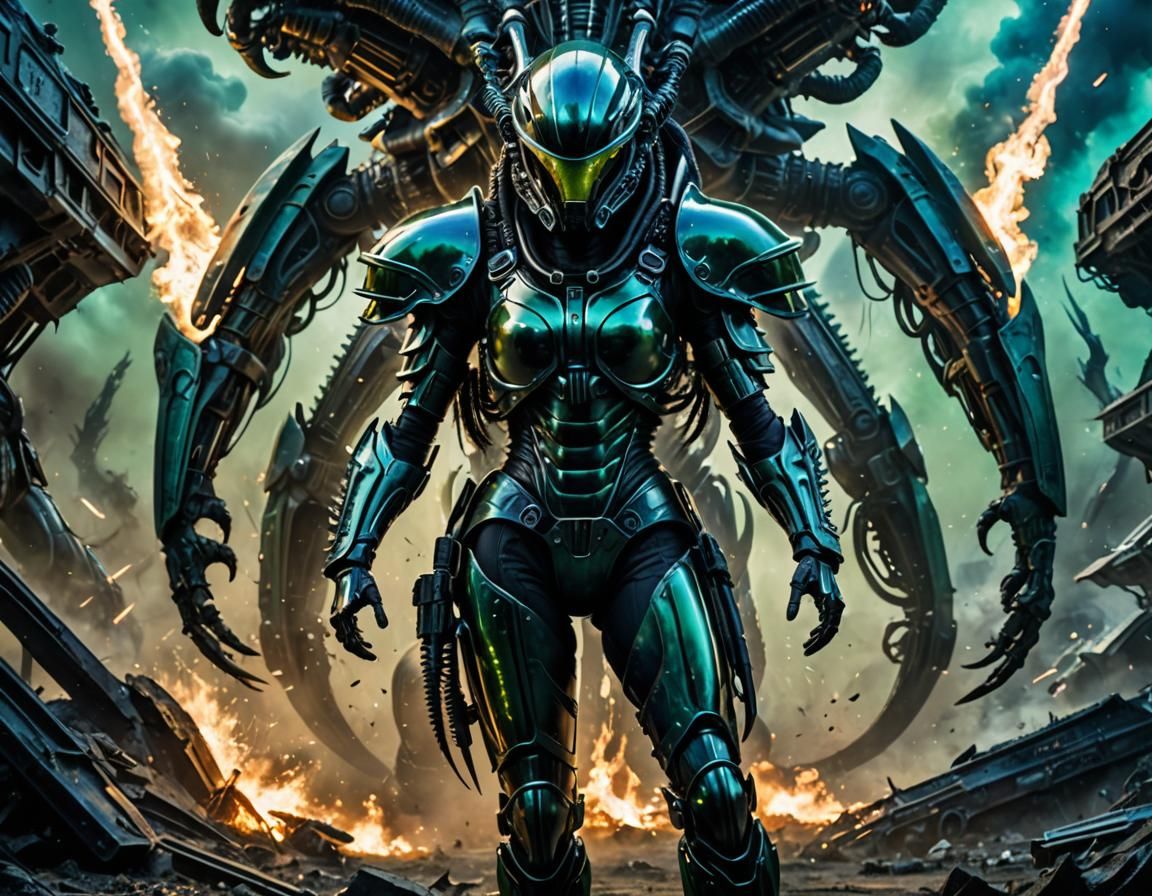 Amazonian Warrior in Xenomorph Armor, Giger-Inspired Art
