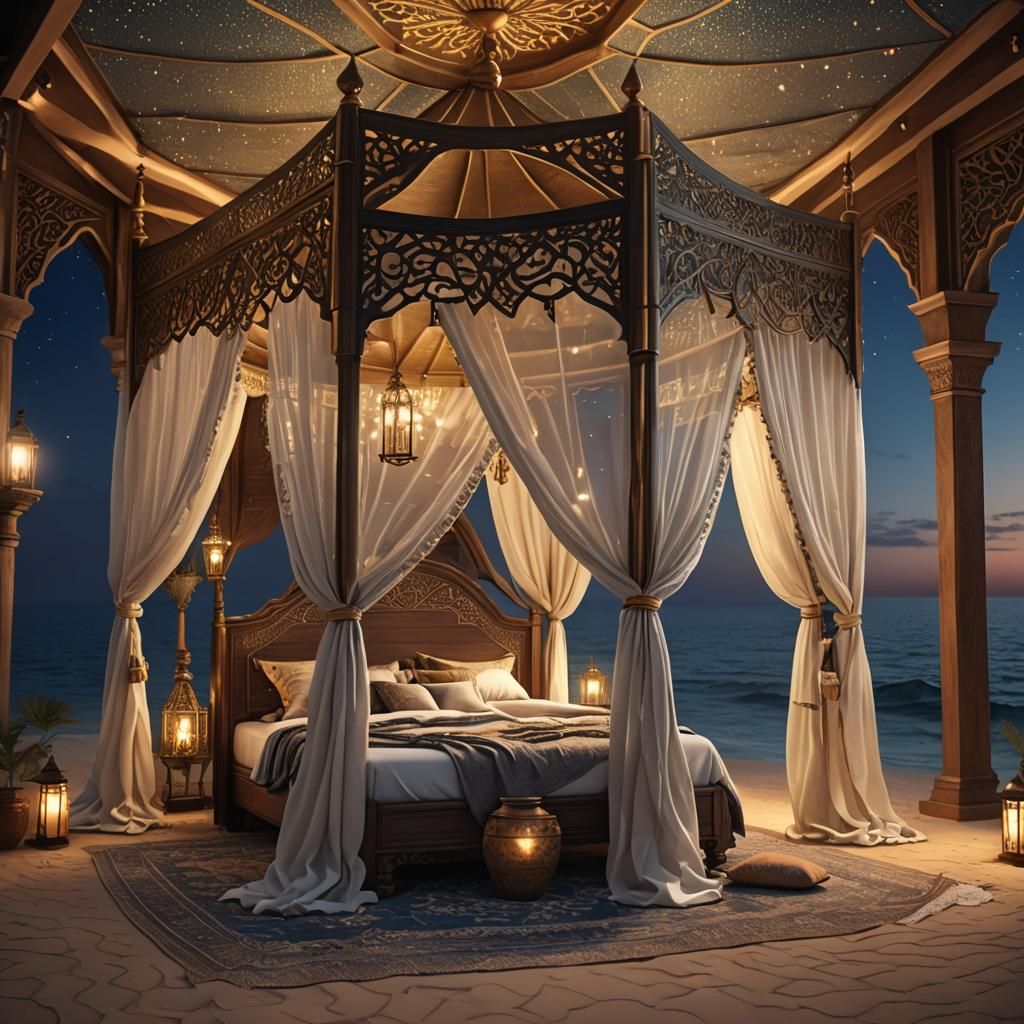Romantic Arabian Bed on Night Sea, 3D Render