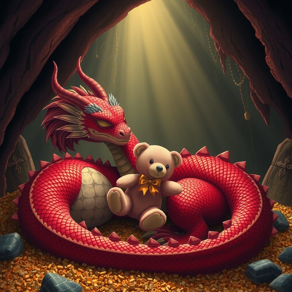 Red Dragon Asleep with Teddy Bear in Cave