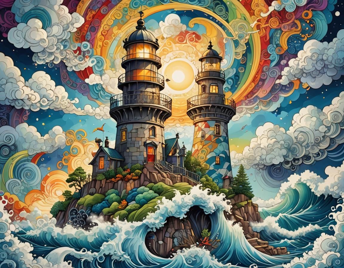Divine Lighthouse in Clouds: Hyperdetailed Fantasy Art