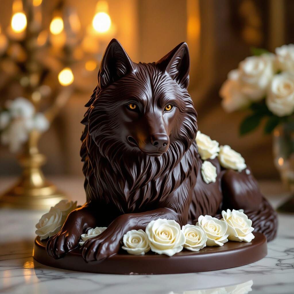 Chocolate Wolf Sculpture with White Chocolate Roses