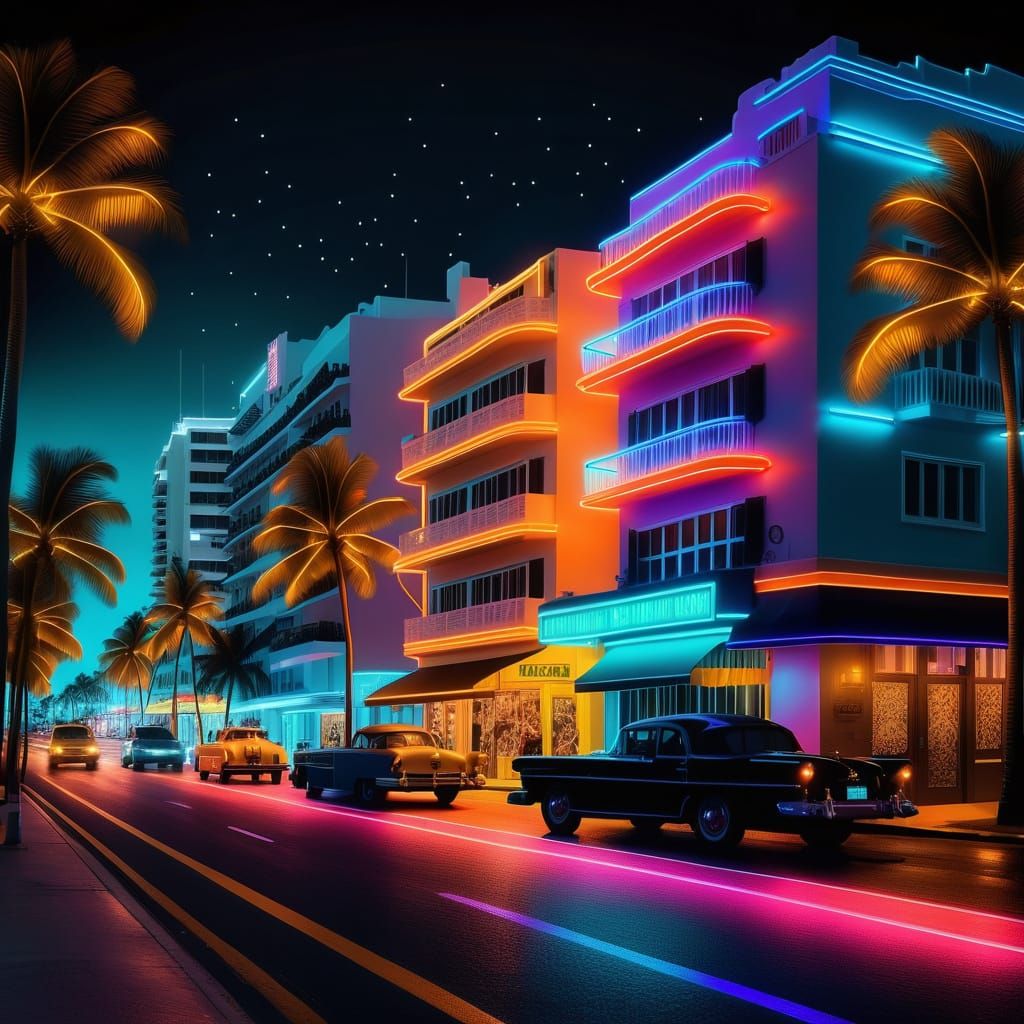 Miami Beach Night: Photorealistic Art Deco Streetscape