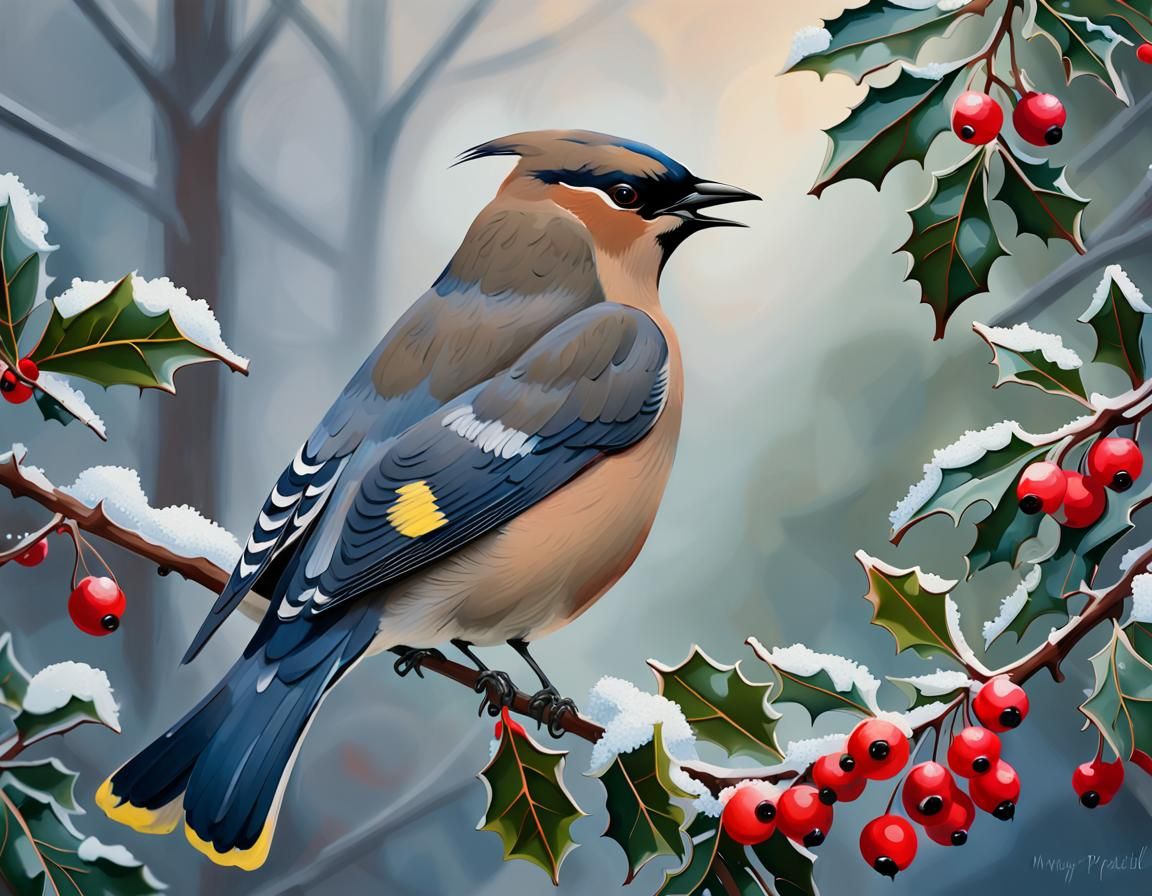 Cedar Waxwing and Holly Berries in Gouache Style