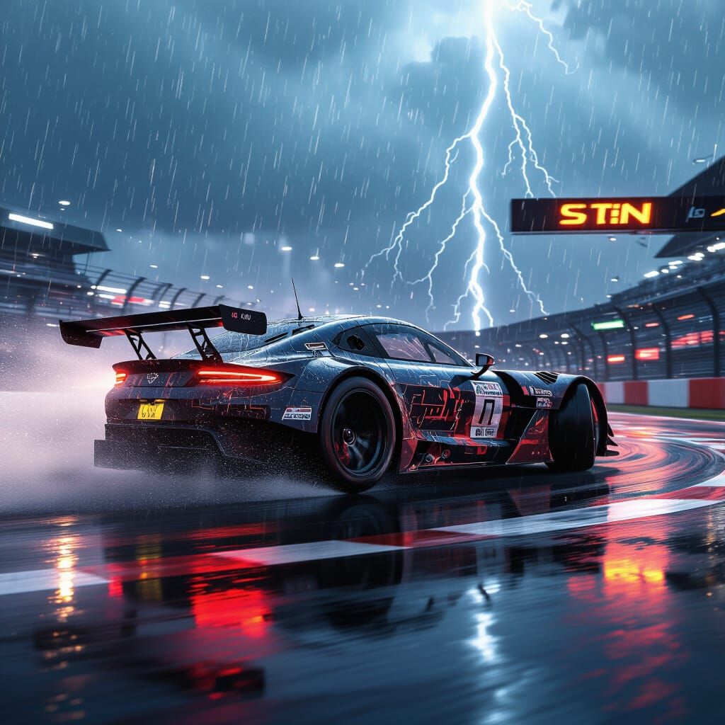 Race Car Drifting on Wet Track with Cinematic Lighting