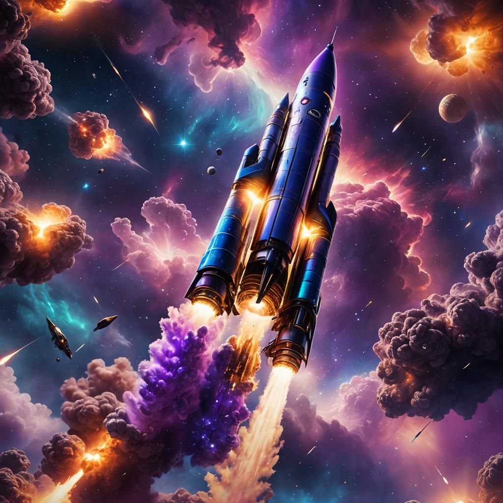 Sci-Fi Rocket Soaring Through Iridescent Nebula
