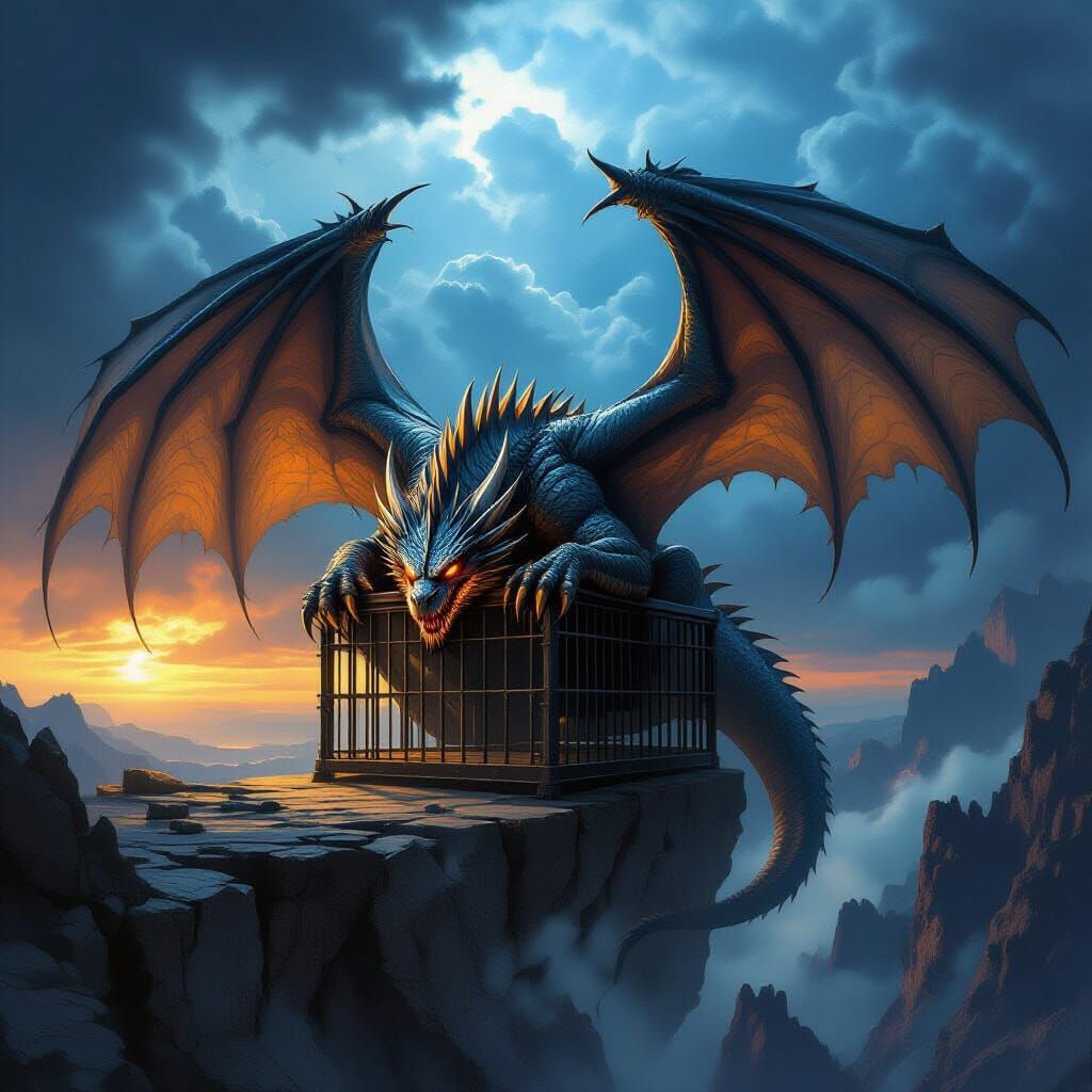 Scary Dragon in Cliffside Cage, Dark Fantasy Art