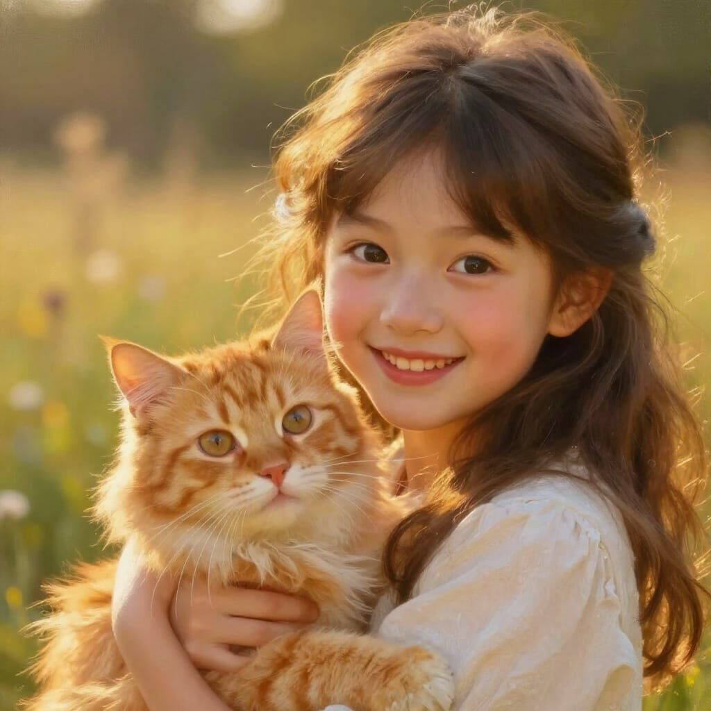 Joyful Girl and Cat Portrait