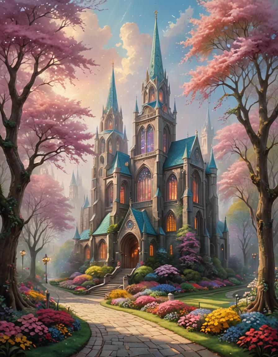 Ethereal Cathedral with Stained Glass in Fantasy Style