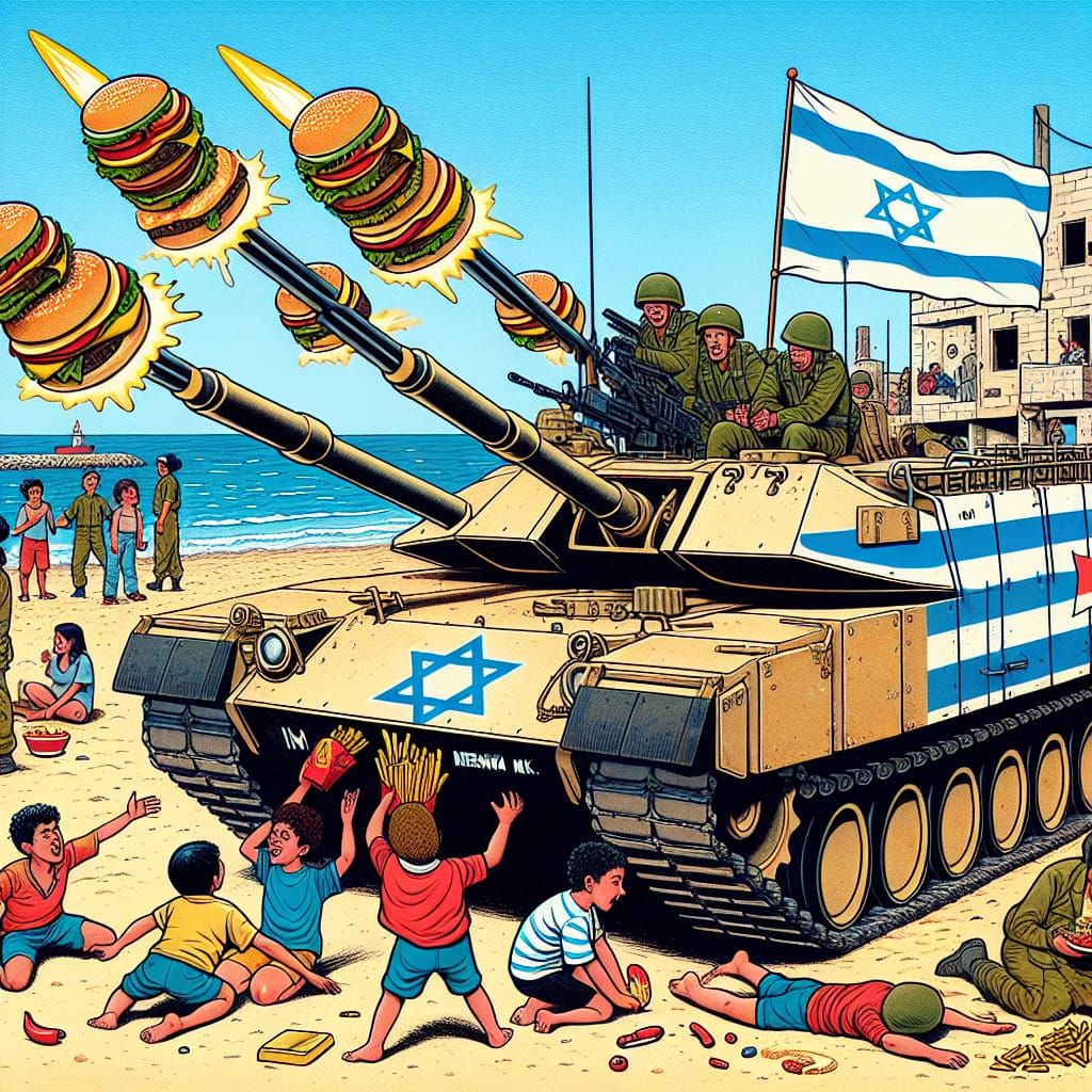 Tank Distributing Fast Food on Beach, Comic Book Style