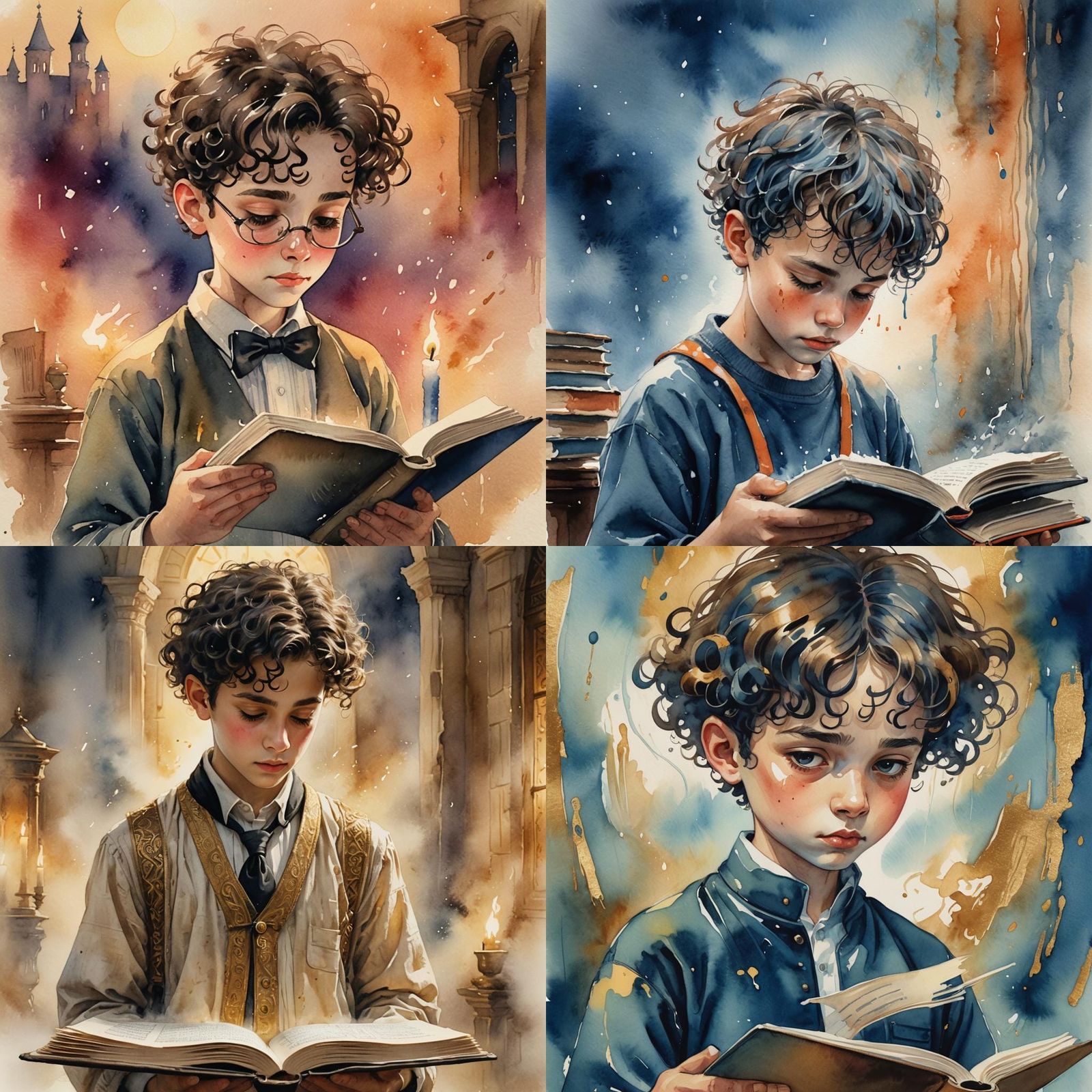Ultra-Orthodox Boy Reading, Watercolor Style