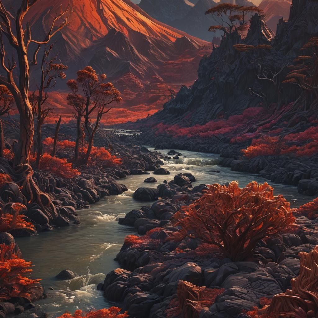Volcanic Sunset River Carved in Wood: Art Nouveau