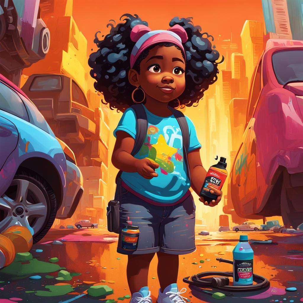 Girl Learns Car Maintenance in Graffiti Art Style