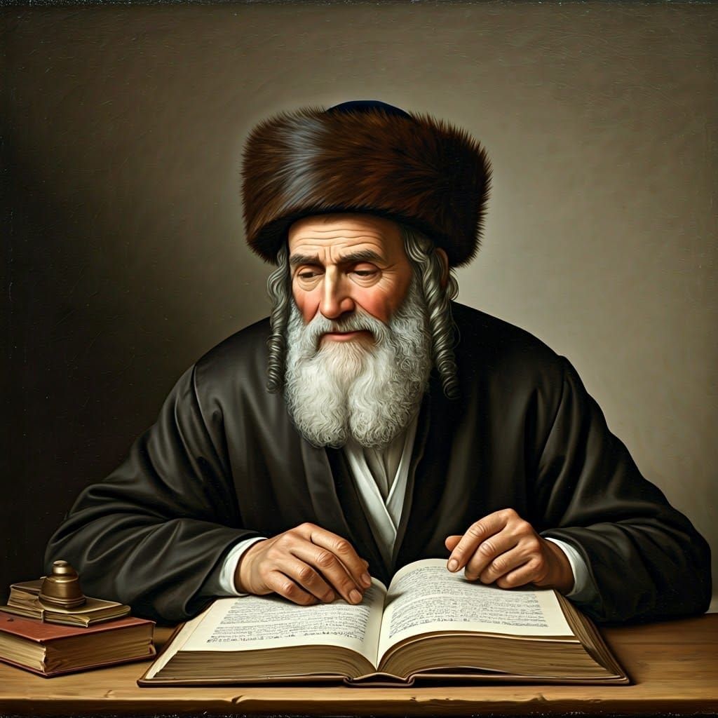 A Joyful Orthodox Jew Learns with a Traditional Shtreimel