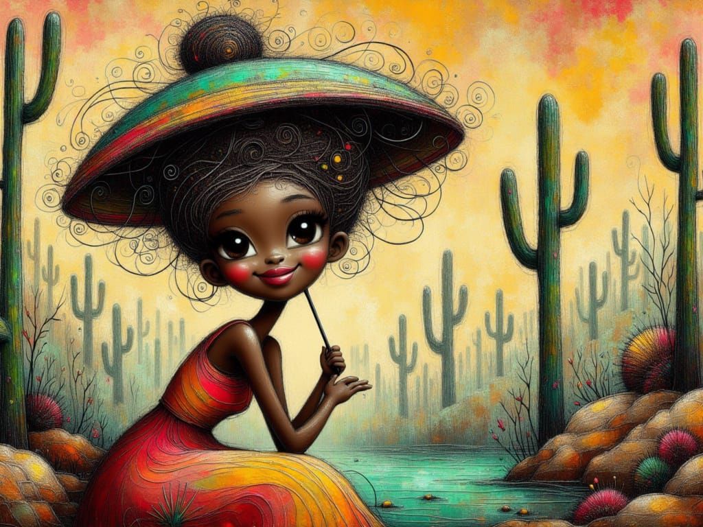 Joyful Woman Floats Past Cityscape with Magical Umbrella