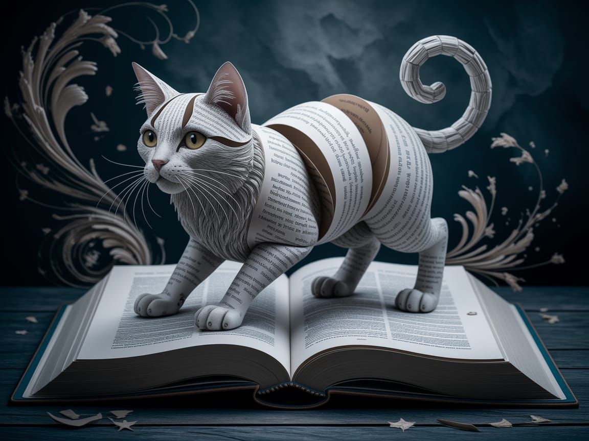 Paper Cat Emerges From Open Book in Surreal Scene