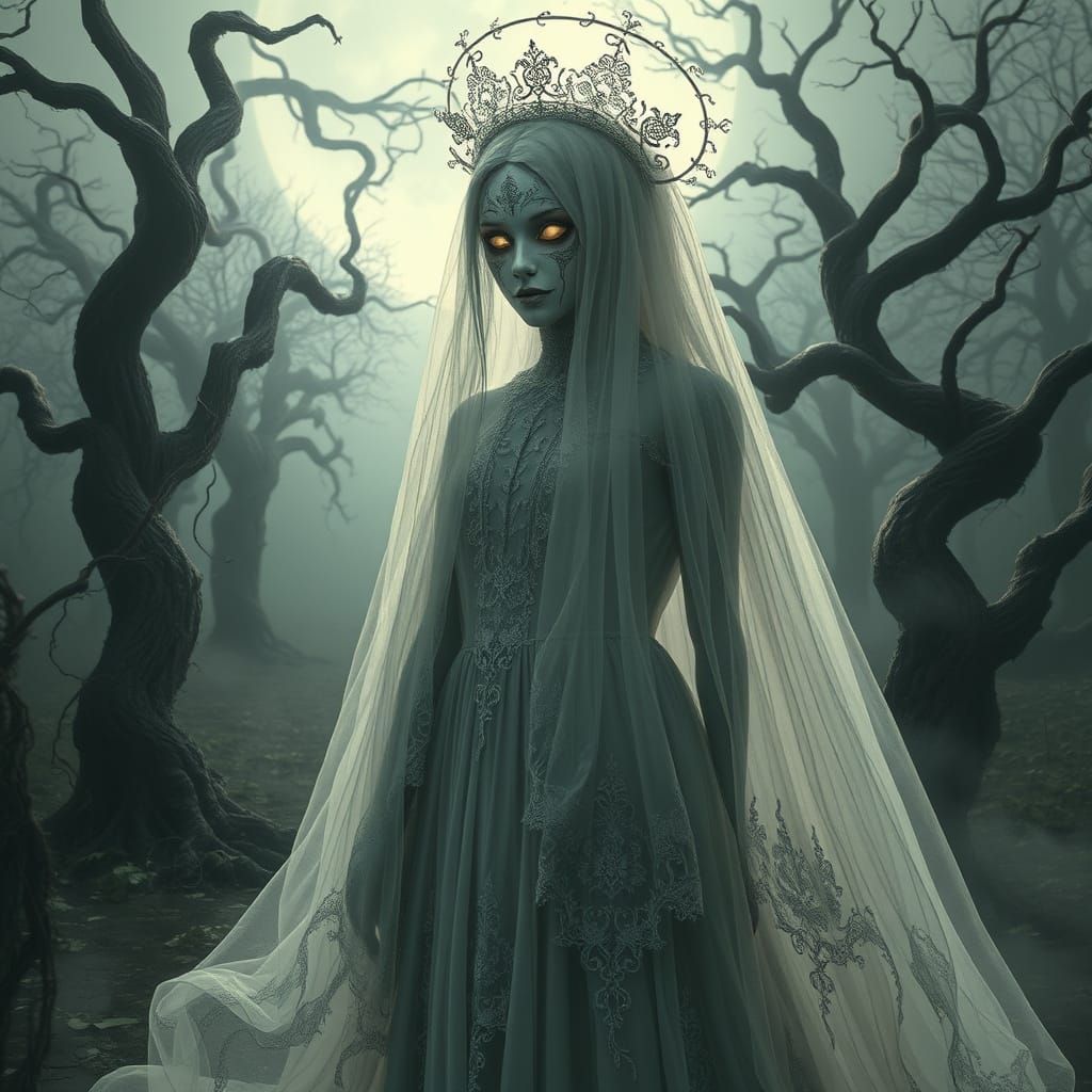 Mystical Ghost Queen in Abandoned Moonlit Garden