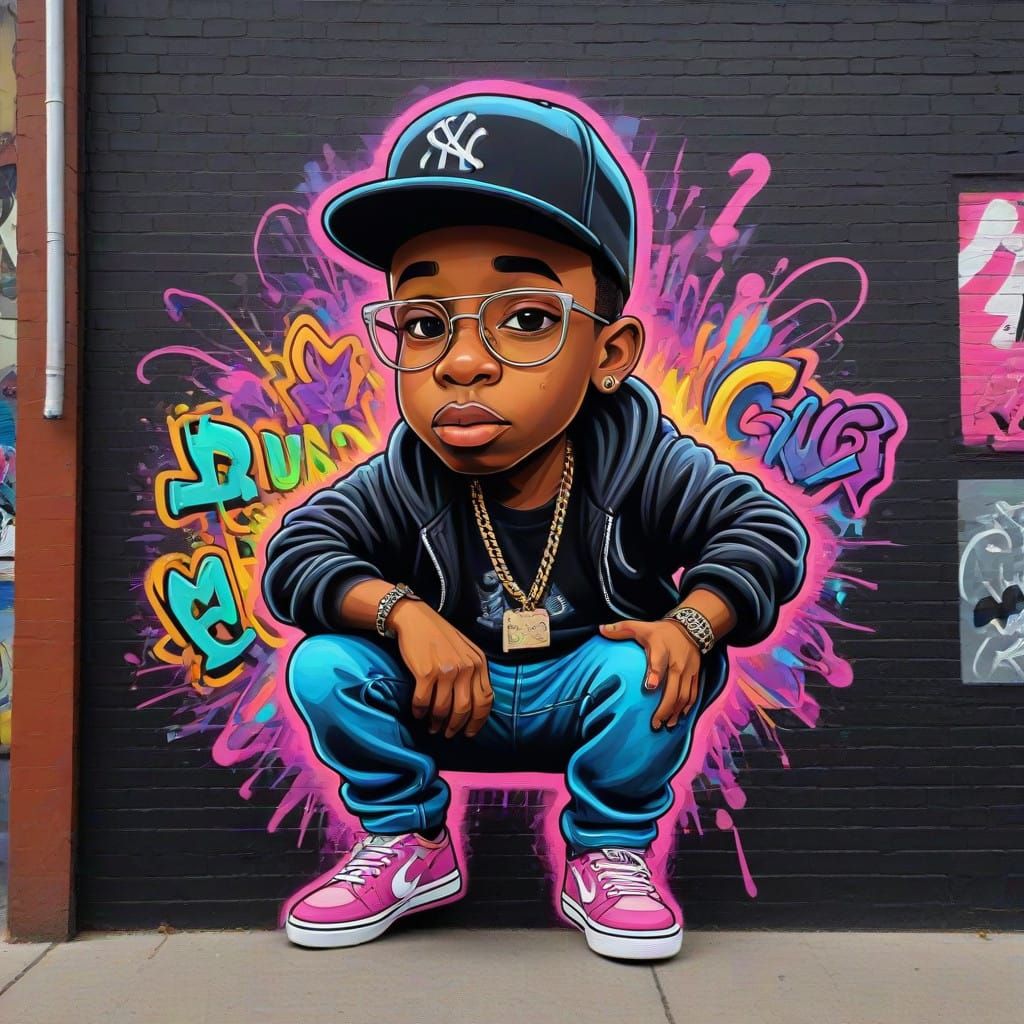a funky neon graffiti mural of a quirky little gangsta thug