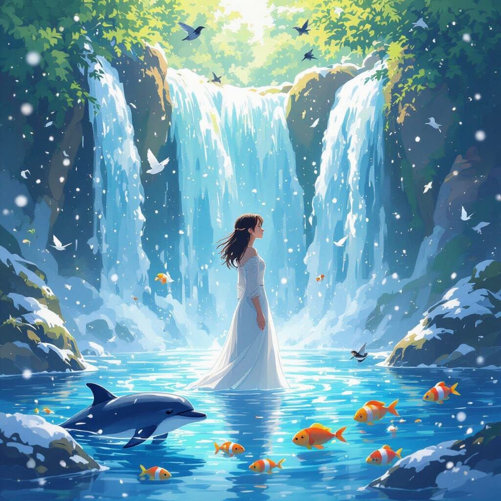 Serene Woman in Sunny Waterfall with Dreamy Details
