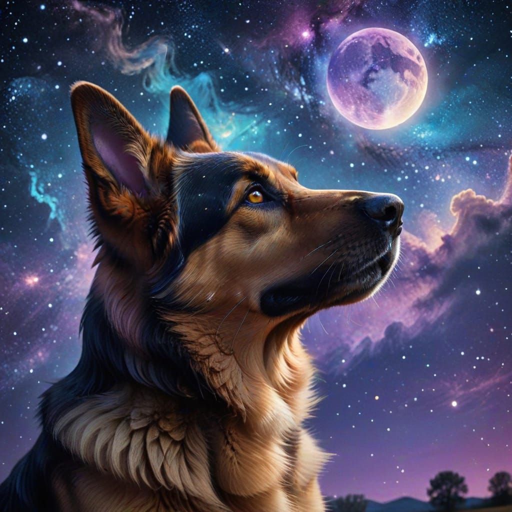Dreamy German Shepherd Gazing at the Cosmos
