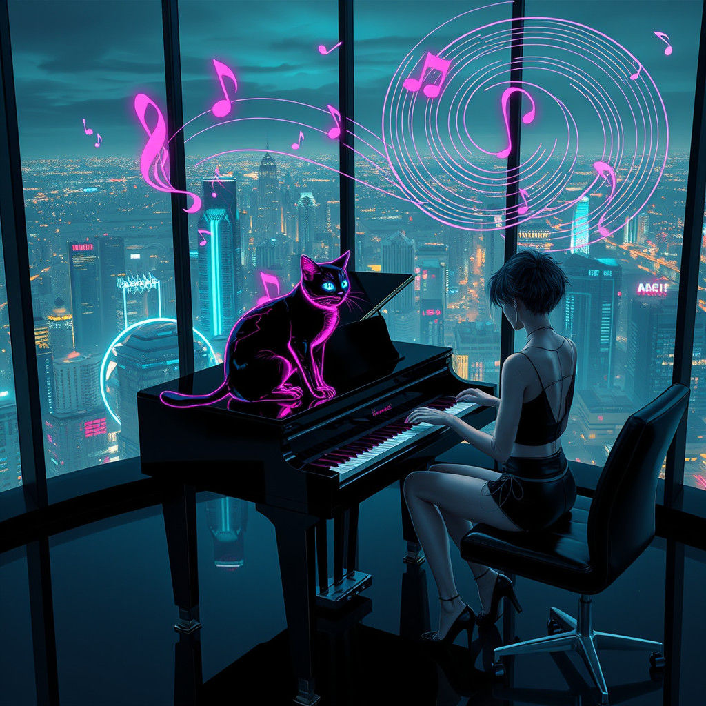 Neon Cat Plays Piano in Cyberpunk Cityscape