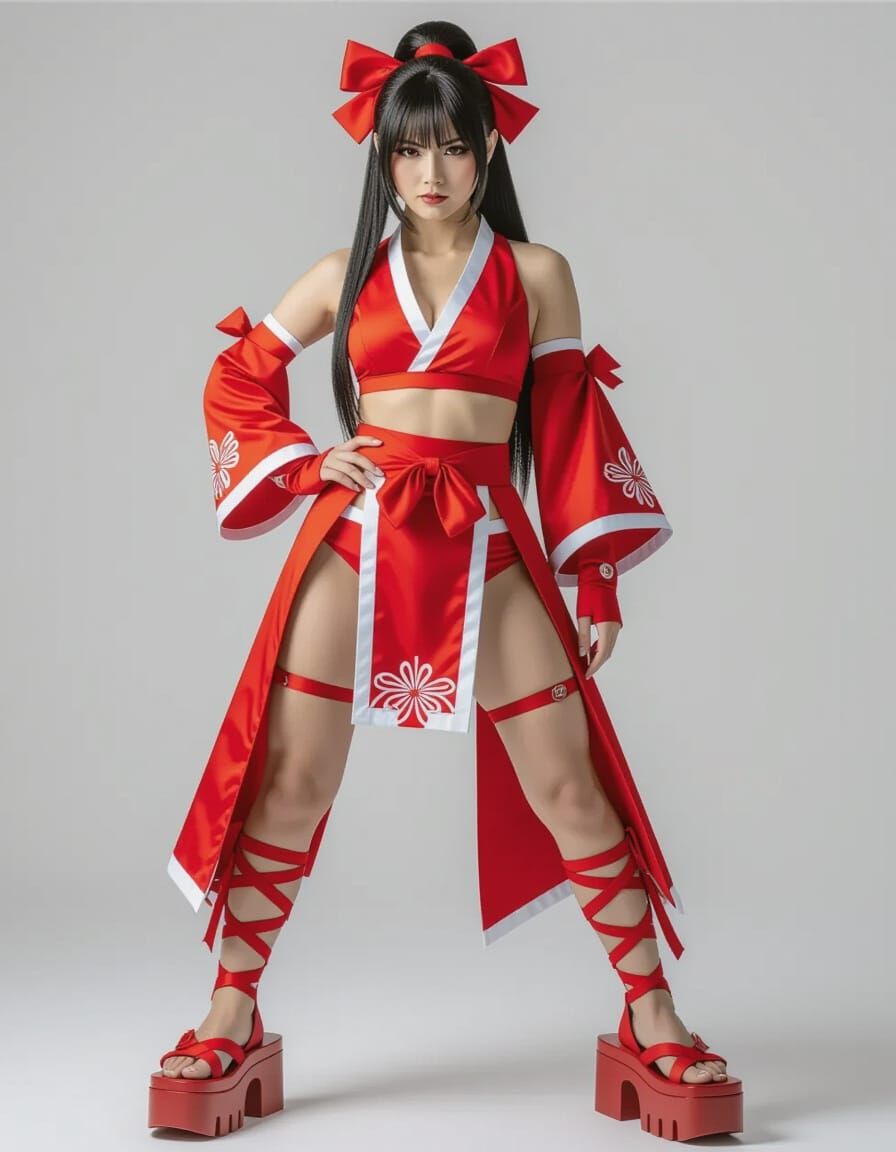 Mai Shiranui Cosplay in Red Outfit and Platform Flip Flops