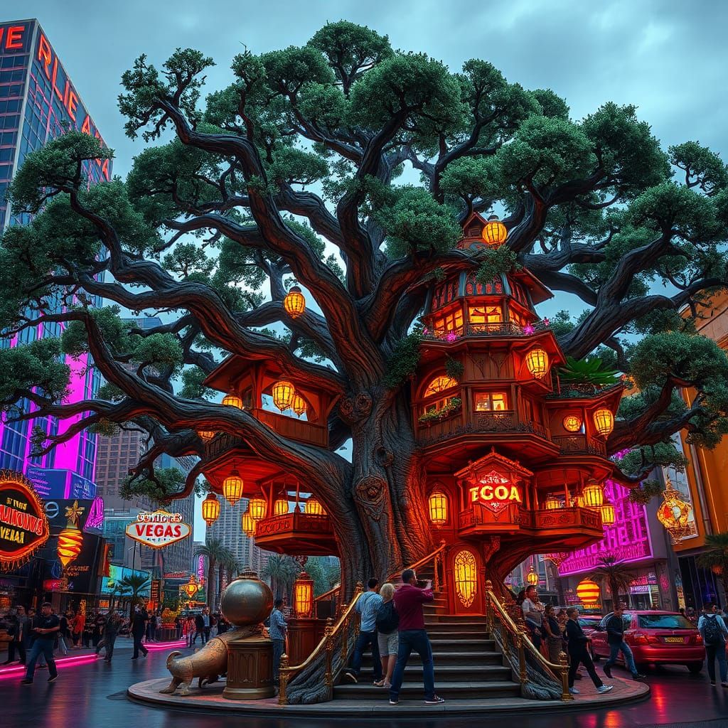 Vegas Treehouse: Futuristic Oasis in Neon Cityscape