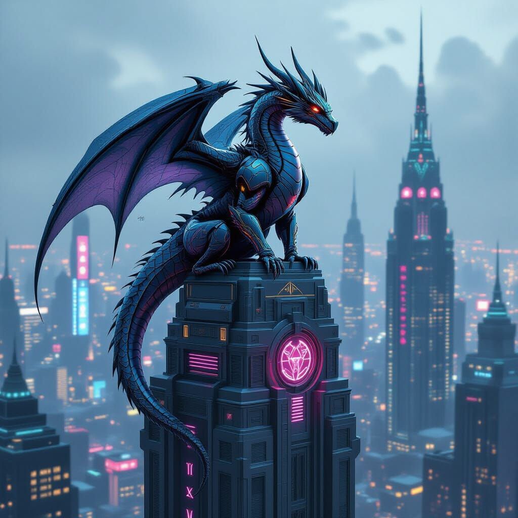Cyberpunk Dragon Perched on Art Deco Skyscraper