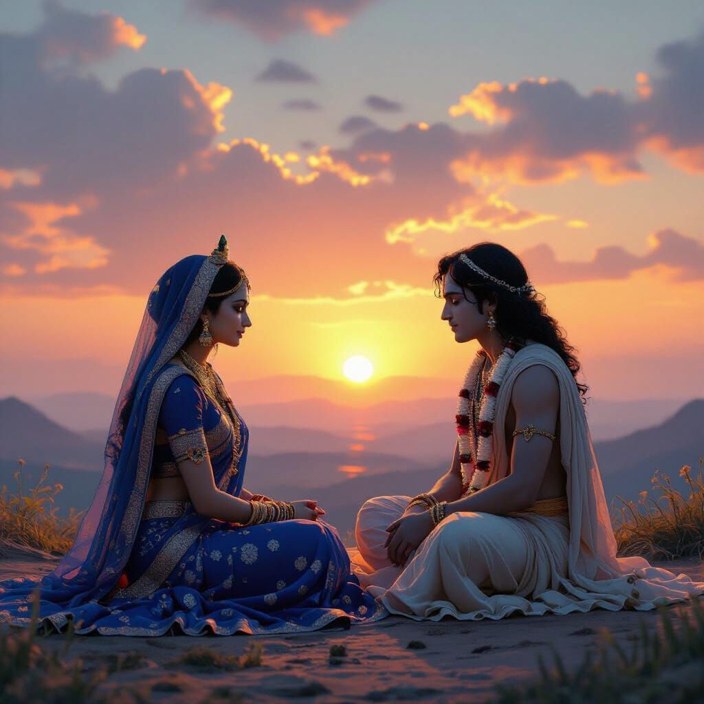 Radha and Krishna at Sunset, Deep Blue Saree