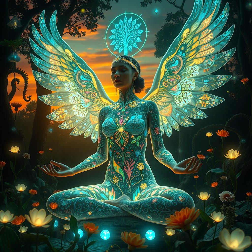 Mystical Woman Meditating in Surreal Light Labyrinth
