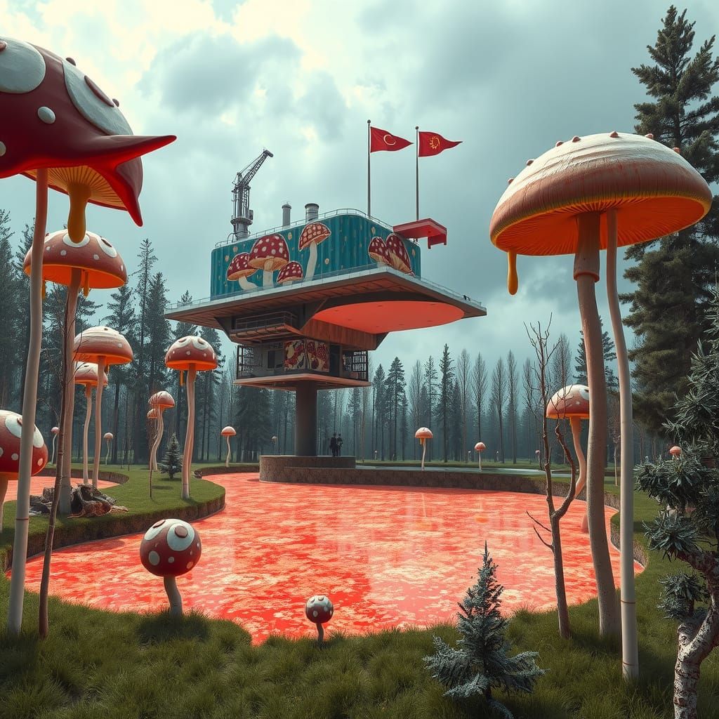 Surreal Mushroom Metropolis in Vibrant Colors and Quirky Det...