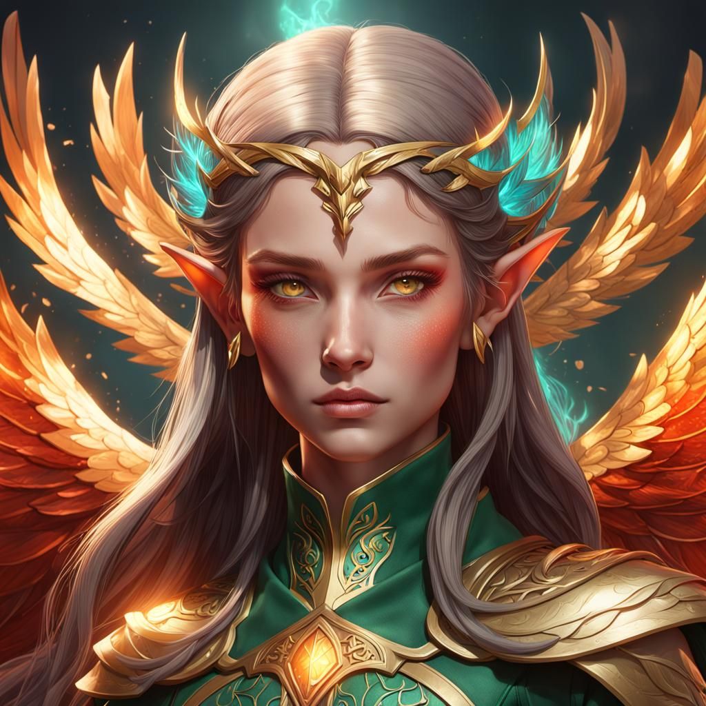 Elf Phoenix Hybrid Portrait in Hyperdetailed Style