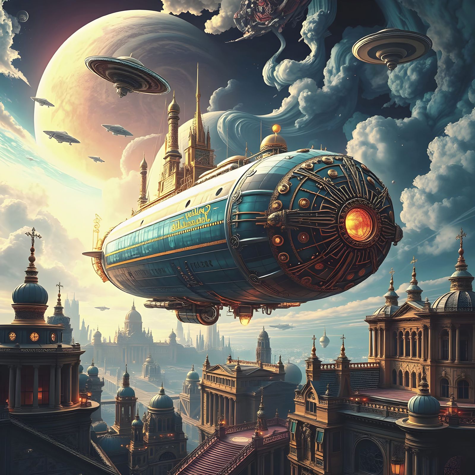Baroque Planet with Steampunk Airship in Space Opera Style