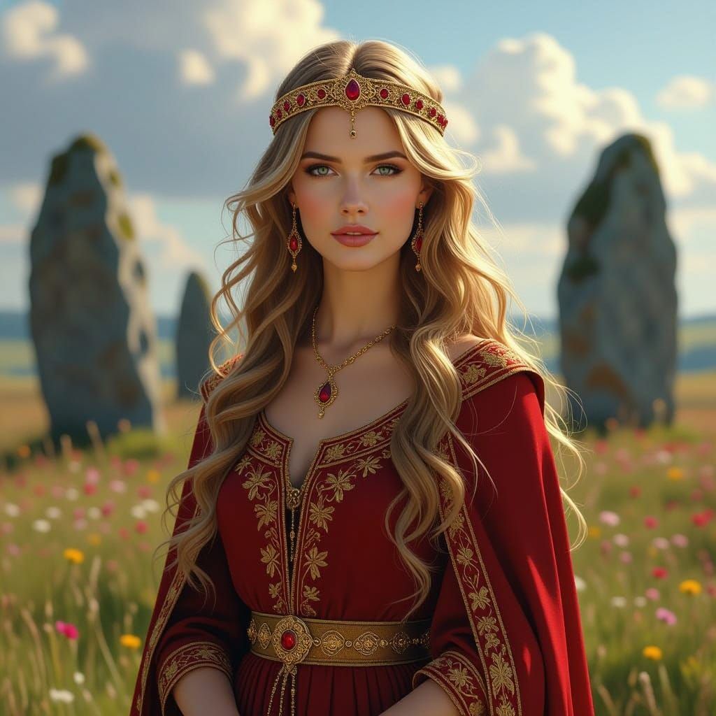 Regal Anglo-Saxon Noblewoman Amid Ancient Stones