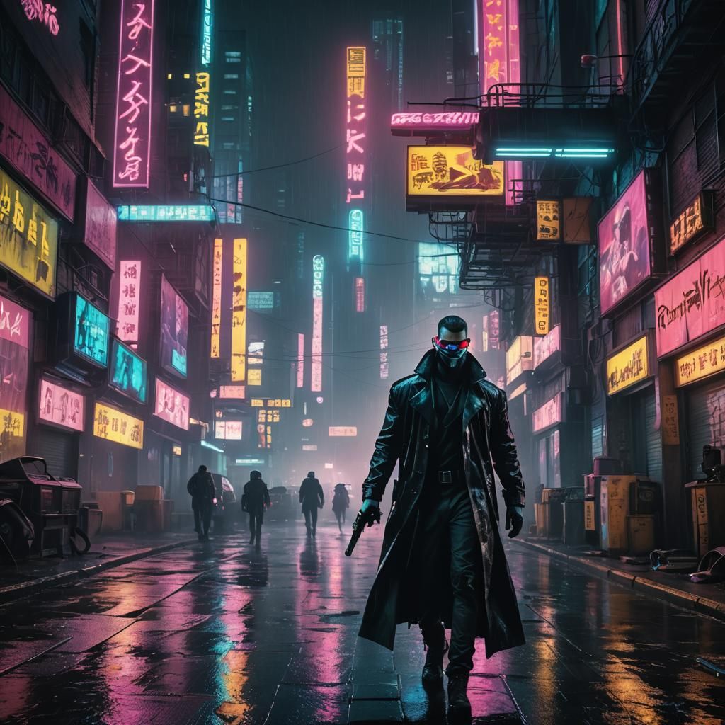 Cyberpunk Hacker in Rainy Cityscape