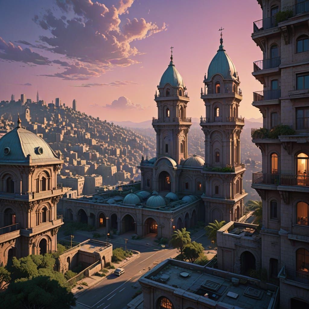 Ethereal Israeli Cityscape in Futuristic Hues