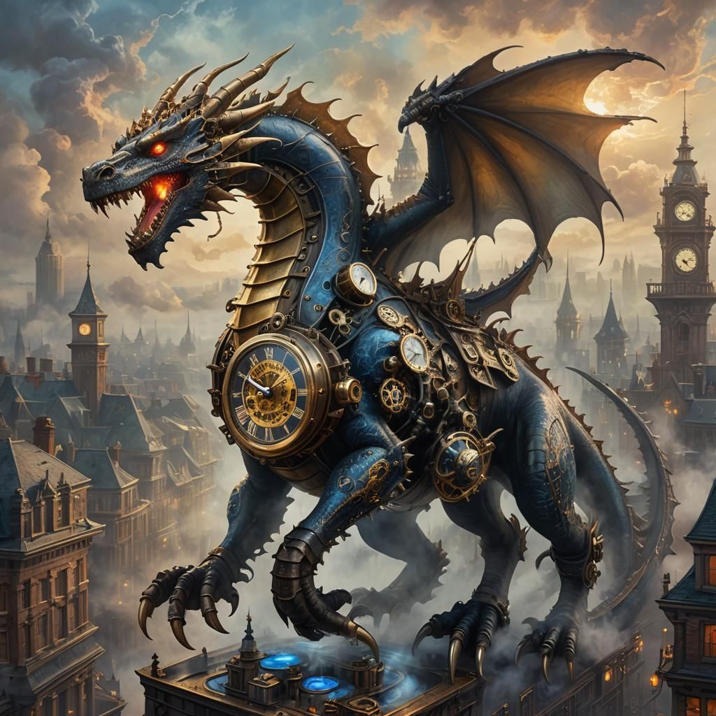 Clockwork Dragon Over Victorian City in Steampunk Style