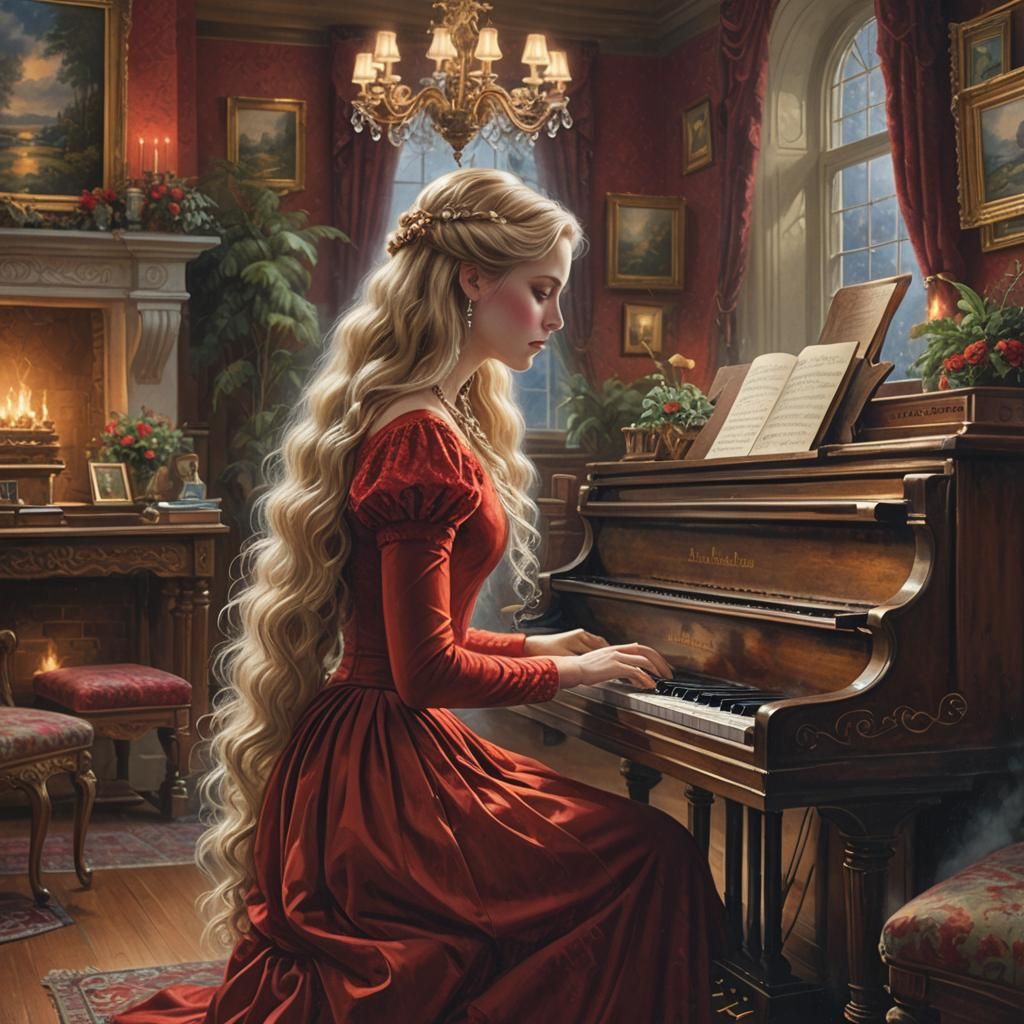 Victorian Girl Plays Piano in Ethereal Fantasy Style