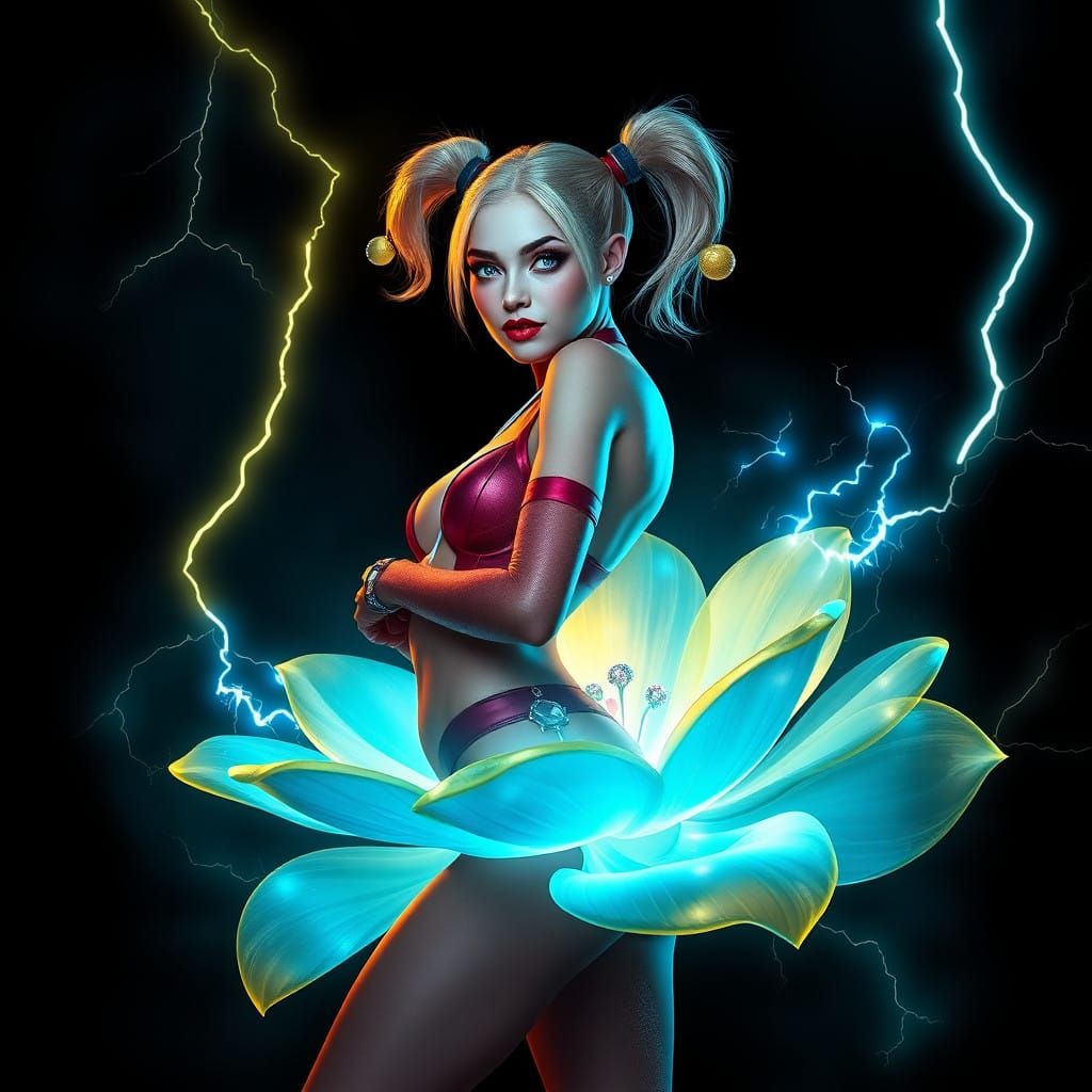 Glowing Magical Flower Surrounds Harley Quinn in a Dramatic....