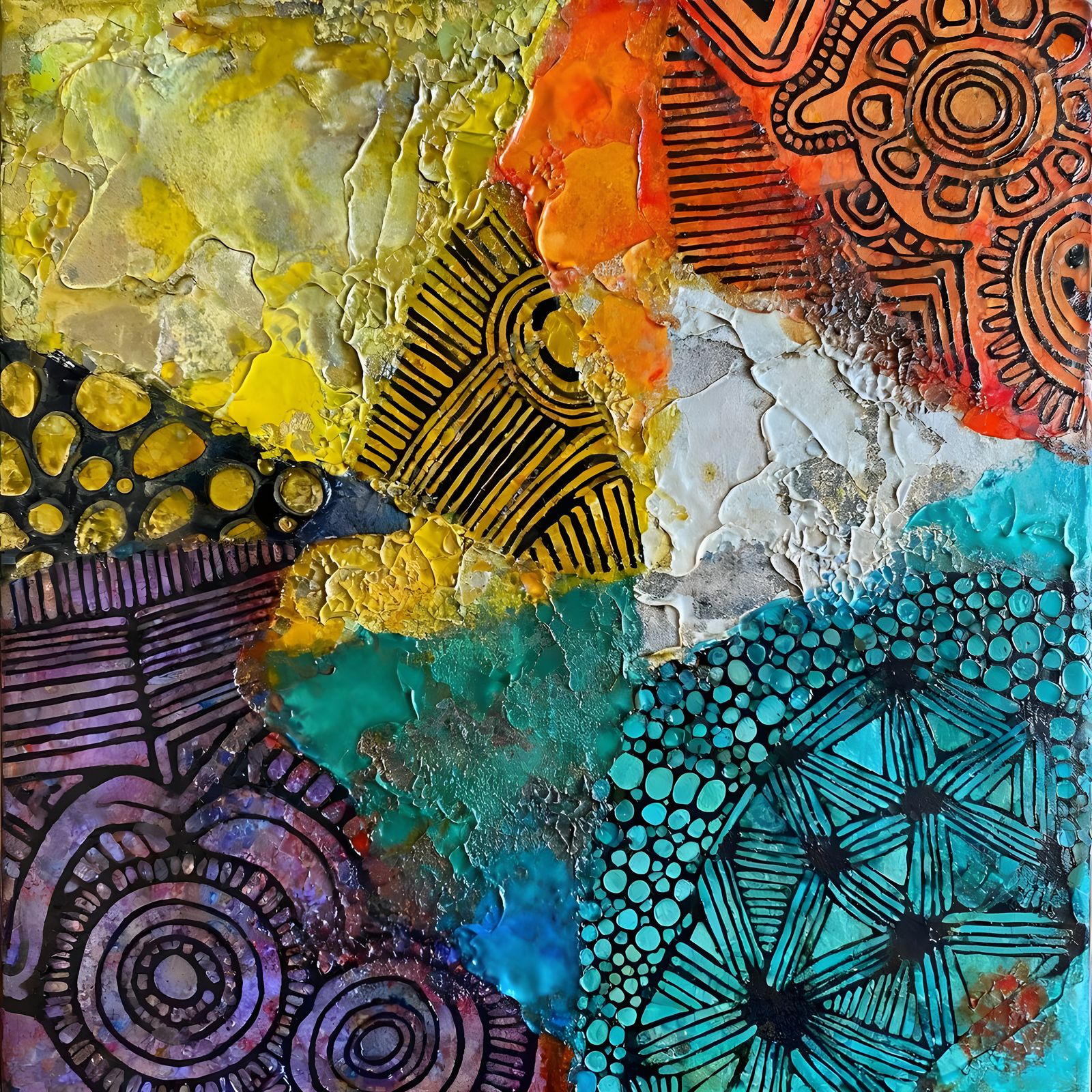 Abstract Mixed Media Artwork with Zentangles and Encaustic T...