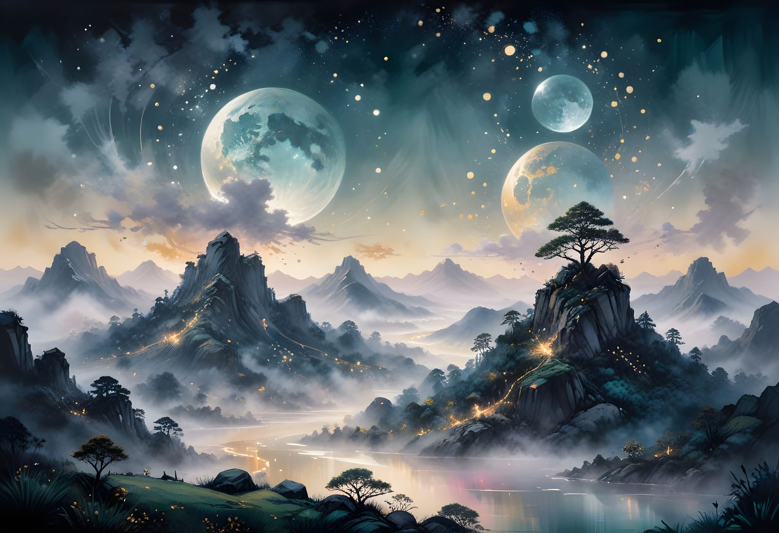 Divine Justice in Mystical Bioluminescent Landscape