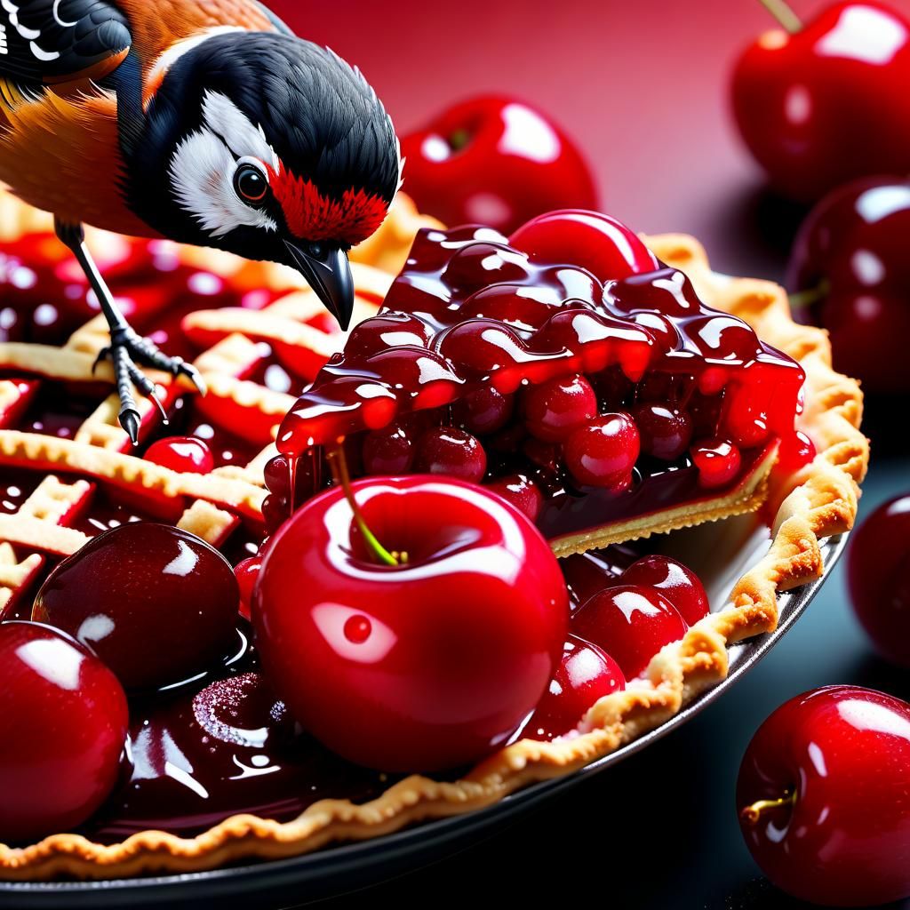 Hyperrealistic Bird Stealing Cherry from Pie