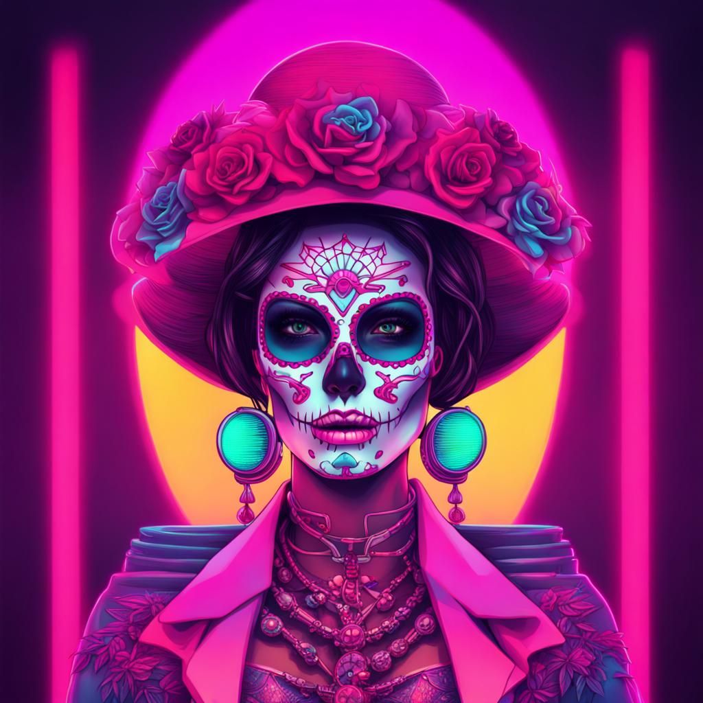 Synthwave Catrina with Neon Retro Style