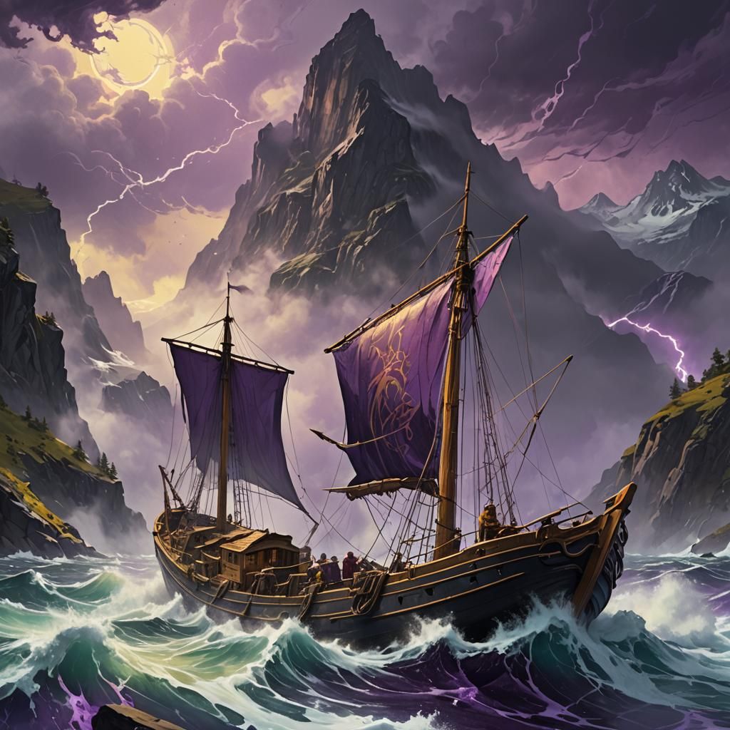 Stormy Seas Fishing Boat in Dark Fantasy Style