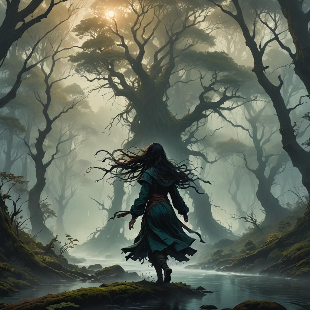 Mystical Forest with Woman Silhouette, Digital Art