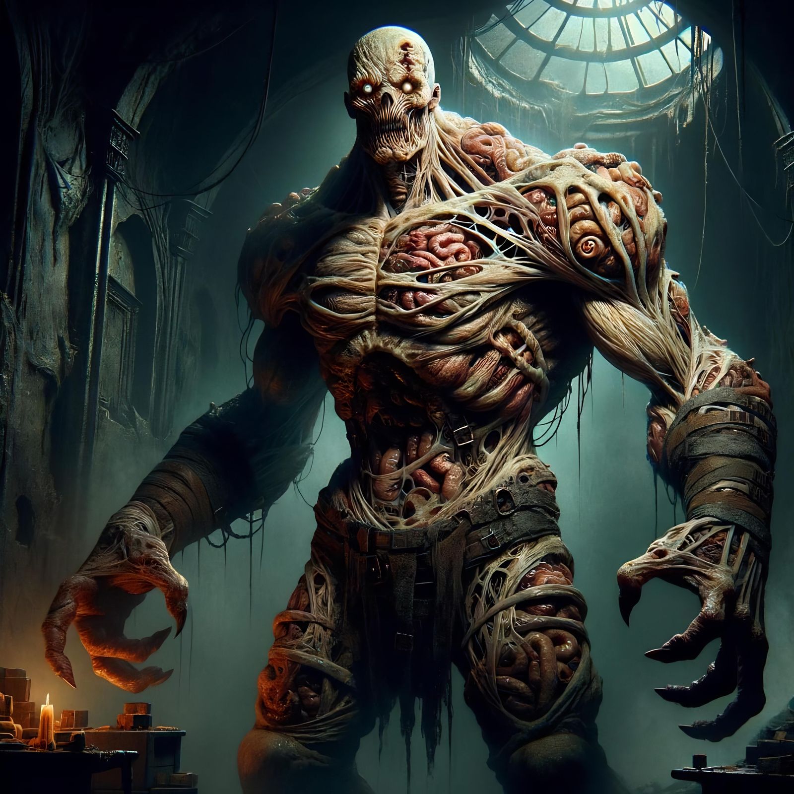 Menacing Flesh Golem in Dark Fantasy Dungeon