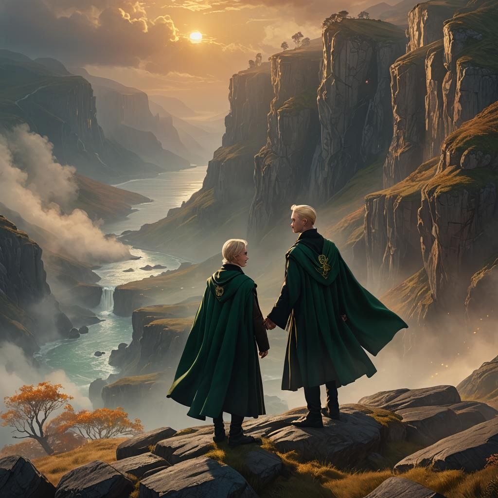 Draco and Hermione Embrace: Fantasy Art Nouveau Scene