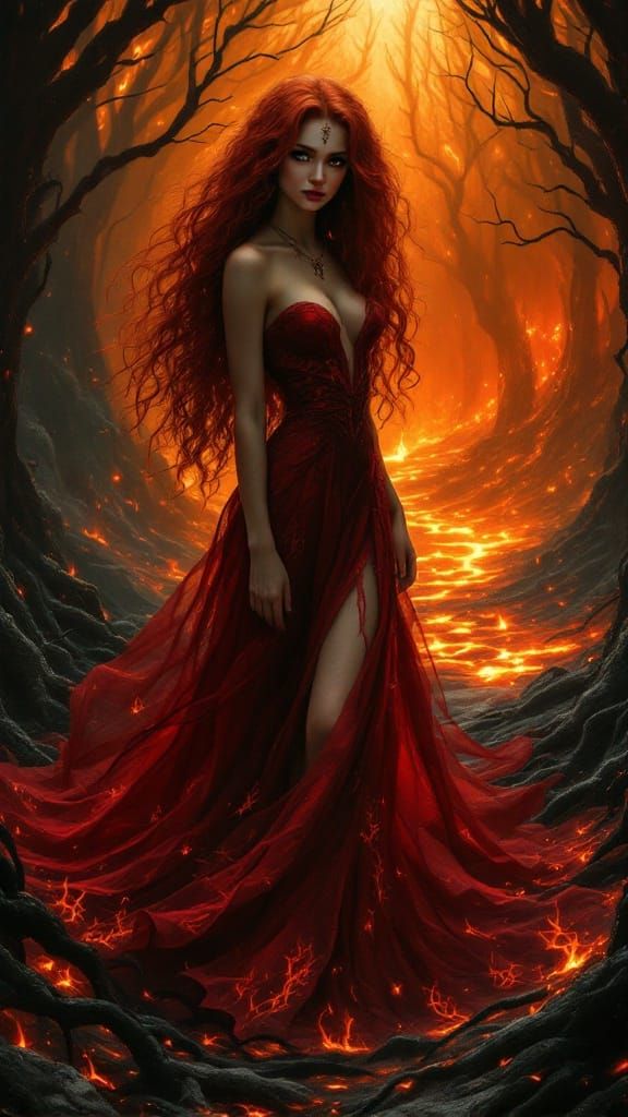 Mystical Red Haired Woman in Hellish Landscape