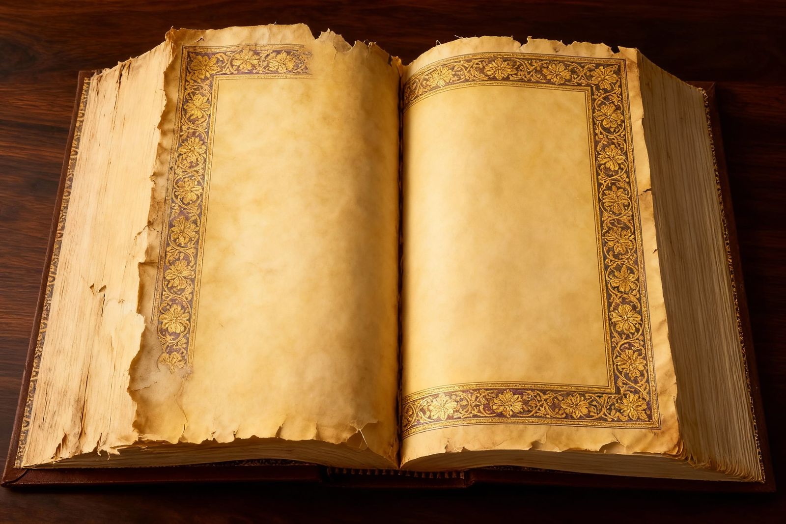 Ancient Open Book with Gold Borders on Dark Wood Table