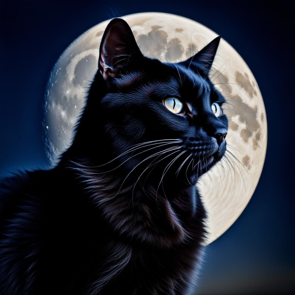 Moonlit Black Cat Portrait in Hyperrealistic Style